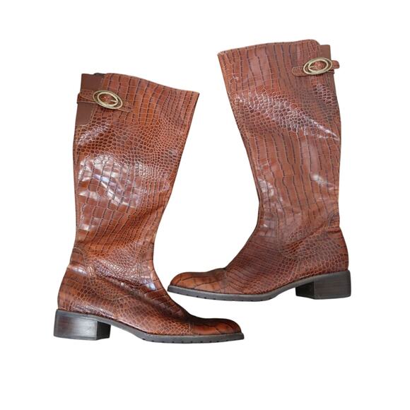 Franco Sarto Tribute Brown Croc Embossed Leather Knee High Riding Boots 9 - Picture 1 of 10